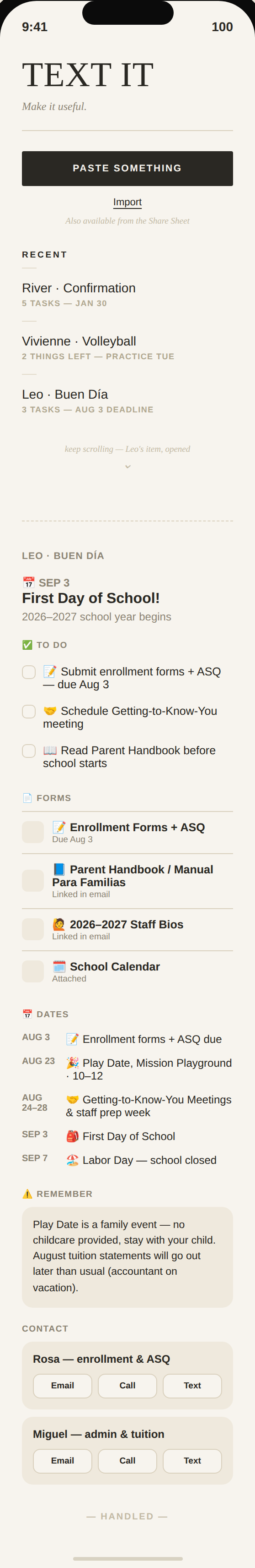 TEXT IT app scrolled through a Buen Día preschool newsletter, with contact cards