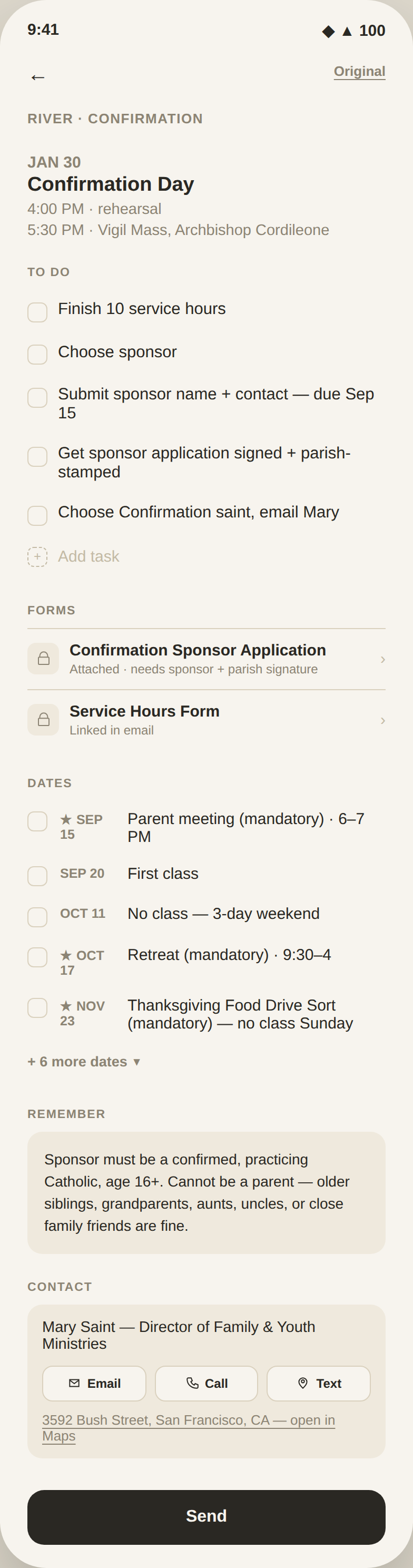 TEXT IT app scrolled through a Confirmation Day parish email, with contact cards